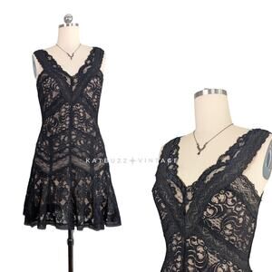 Vintage Nicole Miller Mini Dress Cocktail Gown 12 Black Lace Illusion Classic